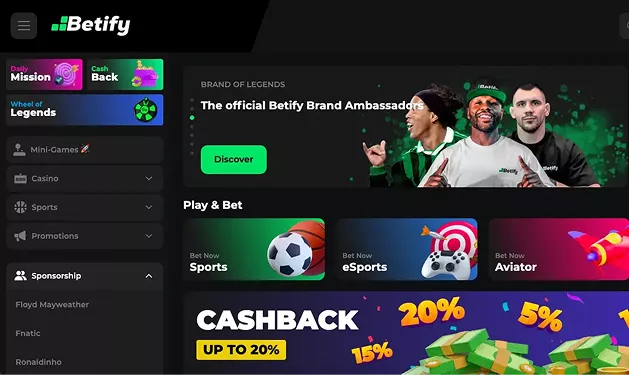 Página oficial da Betify com crash games e slots