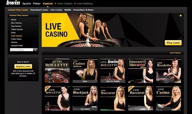 Secção de casino online da Bwin com slots em destaque