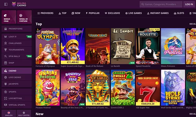 Página oficial da Malina Casino com programa VIP e criptomoedas